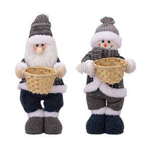 Standing Santa Claus and snowman plush dolls with grey knit hats and woven baskets