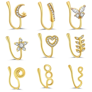 Set mit neun 18K vergoldeten Nasenclips mit CZ-Schmetterling, Mond- und Sterndesigns