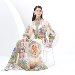 Vintage floral maxi dress with stand collar, lantern sleeves and waist belt in retro print