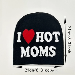 Flat lay showing 21x21cm dimensions for black knit beanie with I heart hot moms jacquard