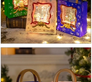 Close-up of vintage Christmas handbag lanterns with built-in music and falling snow effects
