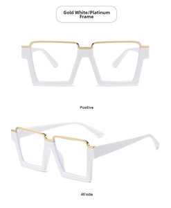 Front and 45-degree side views of gold and white square anti-blue light glasses