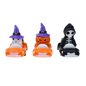 Three Halloween pull-back cars featuring ghost, pumpkin, and skeleton characters
