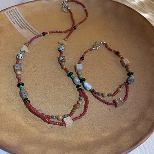 Beaded Jewelry Necklace And Bracelet Glass Seed Beads Natural Stone Wood Square Geometric Retro Style For Women