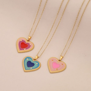 Stainless Steel Heart Pendant Necklace Enamel Heart Star Pattern Gold Plated Fashion Jewelry For Women Girls