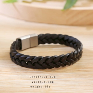 Handcrafted black braided leather bracelet for men with magnetic stainless steel clasp