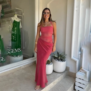 Elegant rose pink halter neck ruched maxi dress with wrap silhouette and backless design