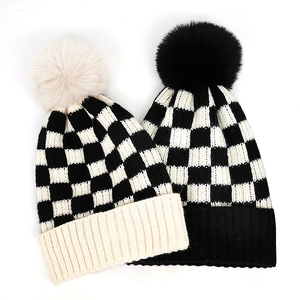 Checkerboard Knitted Beanie Hat With Faux Fur Pom Pom Winter Warm Cuffed Acrylic Skull Cap For Women Men