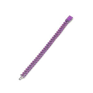 Macro shot of 12mm purple iced out Cuban link chain with luxury box clasp on white background