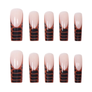 French press on nails featuring long coffin shape with brown tiger pattern and glossy finish