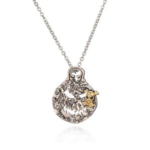 Punk style silver necklace with engraved round pendant and small gold skull crossbones detail