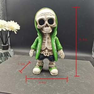 Resin skeleton alien figurine in green hoodie with dimensions 14.5x8.5x5.5cm for home decor