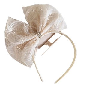 Serre-tête beige avec nœud en tulle à paillettes et strass brillants pour fille