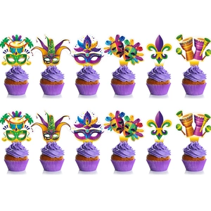 Set of 12 Mardi Gras cupcakes with purple frosting and festive themed toppers on white background