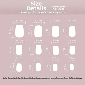 Size chart detail for rectangular press-on nails featuring twelve unique dimensions