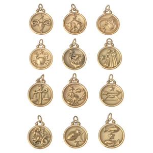 Golden stainless steel zodiac pendants with 12 constellation symbols on white background