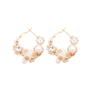 Elegant floral pearl hoop earrings with gold plating and sparkling crystals