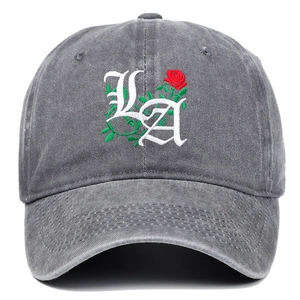 Close-up of grey washed cotton baseball cap with LA gothic letters and rose embroidery