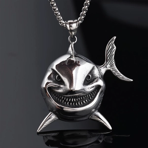 Polished stainless steel megalodon shark pendant necklace with creative animal carving