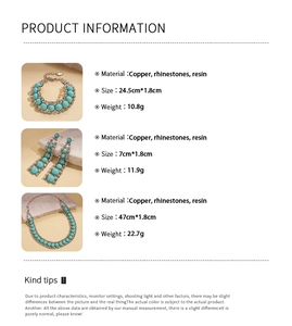 Detailed size and weight guide for the bohemian beaded necklace, bracelet and earrings set