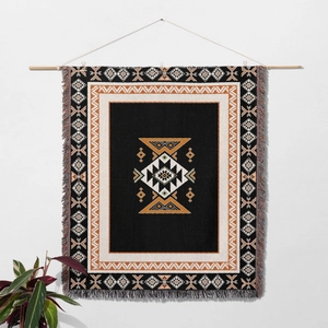 Macro detail of Bohemian woven wall tapestry featuring geometric patterns and fringe