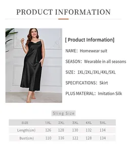 Detailed size chart for plus size black imitation silk V-neck slip nightgown from 1XL to 5XL