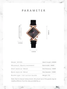 Detailed size chart for women's quartz watch featuring rose gold case and magnetic mesh band
