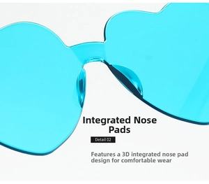 Detail of integrated nose pads on blue heart-shaped rimless sunglasses with macro view
