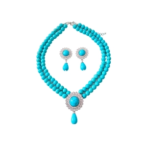 Vintage turquoise jewelry set featuring double-layer pearl necklace and drop earrings