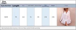 Size chart showing measurements for the white button-down beach cover-up shirt