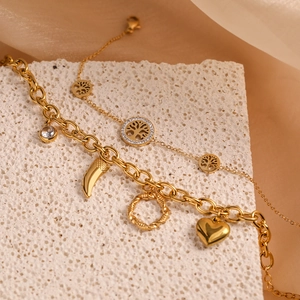 Gold plated titanium steel charm bracelet set with tree of life and geometric pendants
