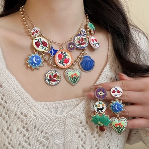 Colorful Enamel Charm Jewelry Set Alloy Bohemian Vintage Necklace Asymmetric Earrings With Silver Earring Post For Women