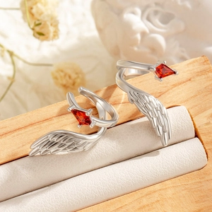 Silver wing-shaped adjustable open rings with red diamond-cut zircon stones
