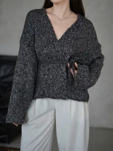 Cardigan In Maglia Da Donna Scollo A V Incrociato Cintura Manica Lunga Tinta Unita Elegante Casual Top In Maglia