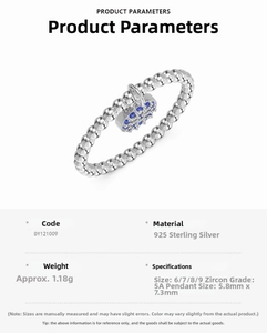 Detail of 925 sterling silver beaded ring with blue zircon pendant and size chart specs