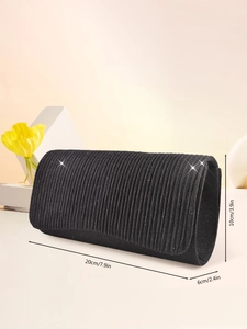 Detailed size chart of black pleated evening clutch showing dimensions 20x6x10 cm and shimmer