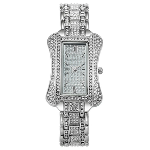 Luxus Damen Quarzuhr Voll Strass Rechteckiges Legierungsgehäuse Metallarmband Mode Schmuckschließe Elegante Armbanduhr