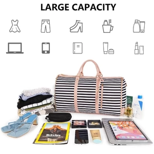 Large capacity striped travel bag shown with clothes and shoes to demonstrate storage space