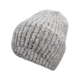 Close-up of grey chunky knit beanie with colorful speckled yarn and ribbed cuff detail