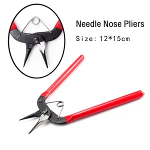 Detailed view of 12x15cm needle nose pliers with red non-slip handles and spring mechanism