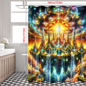 Detail of 180x180cm 3D digital print shower curtain with fantasy nebula and island landscape