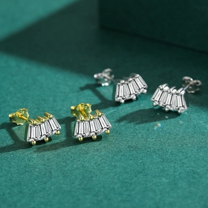 S925 sterling silver geometric square stud earrings with zircons in gold and silver