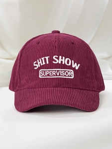 Detailed embroidery of SHIT SHOW SUPERVISOR on corduroy baseball cap fabric
