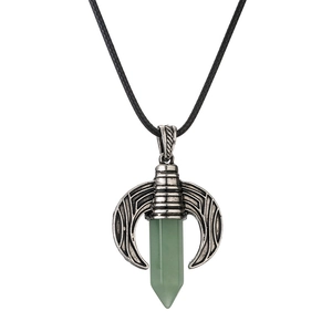 Retro horn pendant necklace with green hexagonal crystal and black braided cord chain