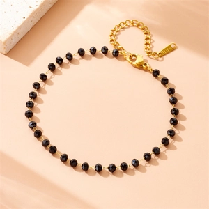 Bohemian gold stainless steel necklace with black faceted resin beads for women