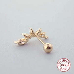 Detailed macro view of S925 sterling silver gold curved marquise petal stud earring