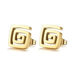 Detail macro view of golden square spiral earrings with polished finish on white background