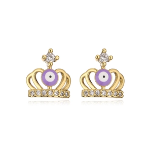 Detail of 18K gold plated crown earrings featuring a purple evil eye and zircon accents
