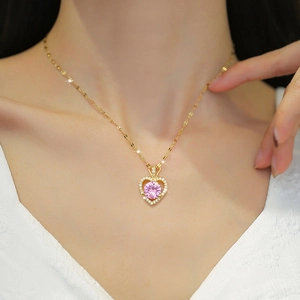 Titanium steel heart necklace with a pink gemstone and micro-inlaid zircon for women