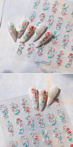Macro detail of 3D embossed floral nail stickers with traditional Chinese red flowers